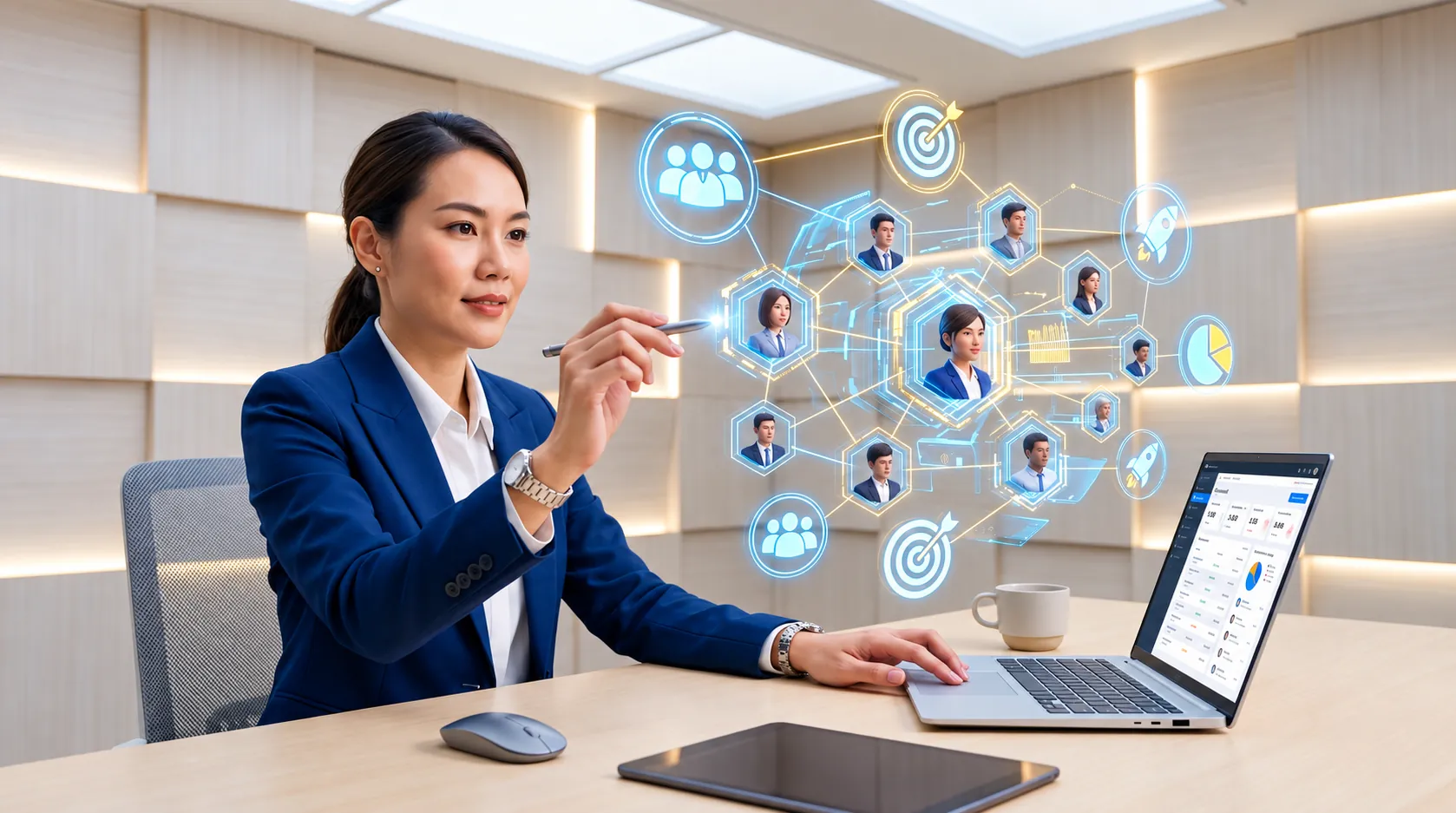 Strategist mapping predictive audience segments on a holographic network